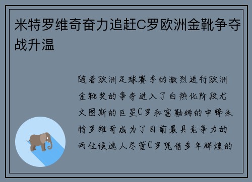 米特罗维奇奋力追赶C罗欧洲金靴争夺战升温 米特罗维奇奋力追赶C罗欧洲金靴争夺战升温